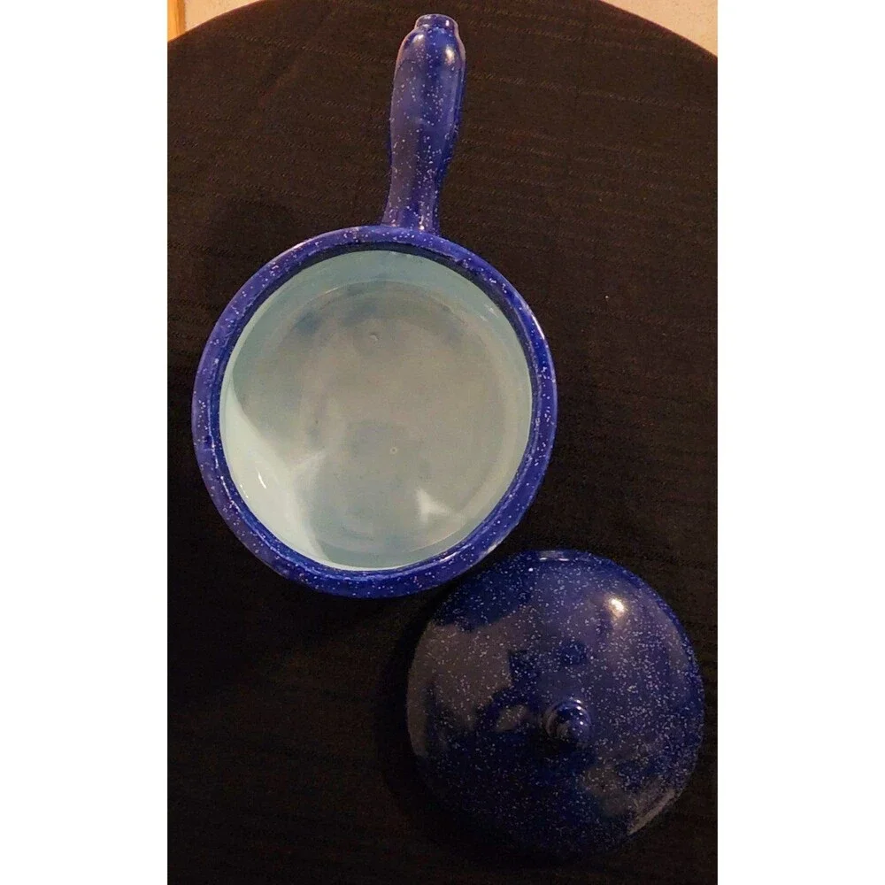 Vintage Blue Ceramic Crock Bowl with Handle & Lid